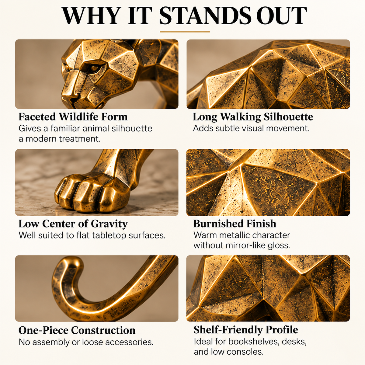 OVELIQE™ Atlas Gilded Panther Sculpture — Faceted Gold Panther Figurine, Modern Animal Table Décor