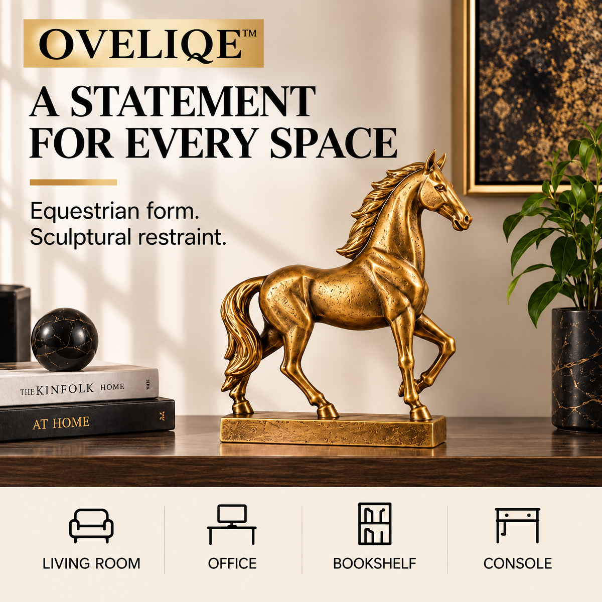 OVELIQE™ Golden Crest Stallion Sculpture — Modern Gold Horse Figurine, Equestrian Desk & Shelf Décor