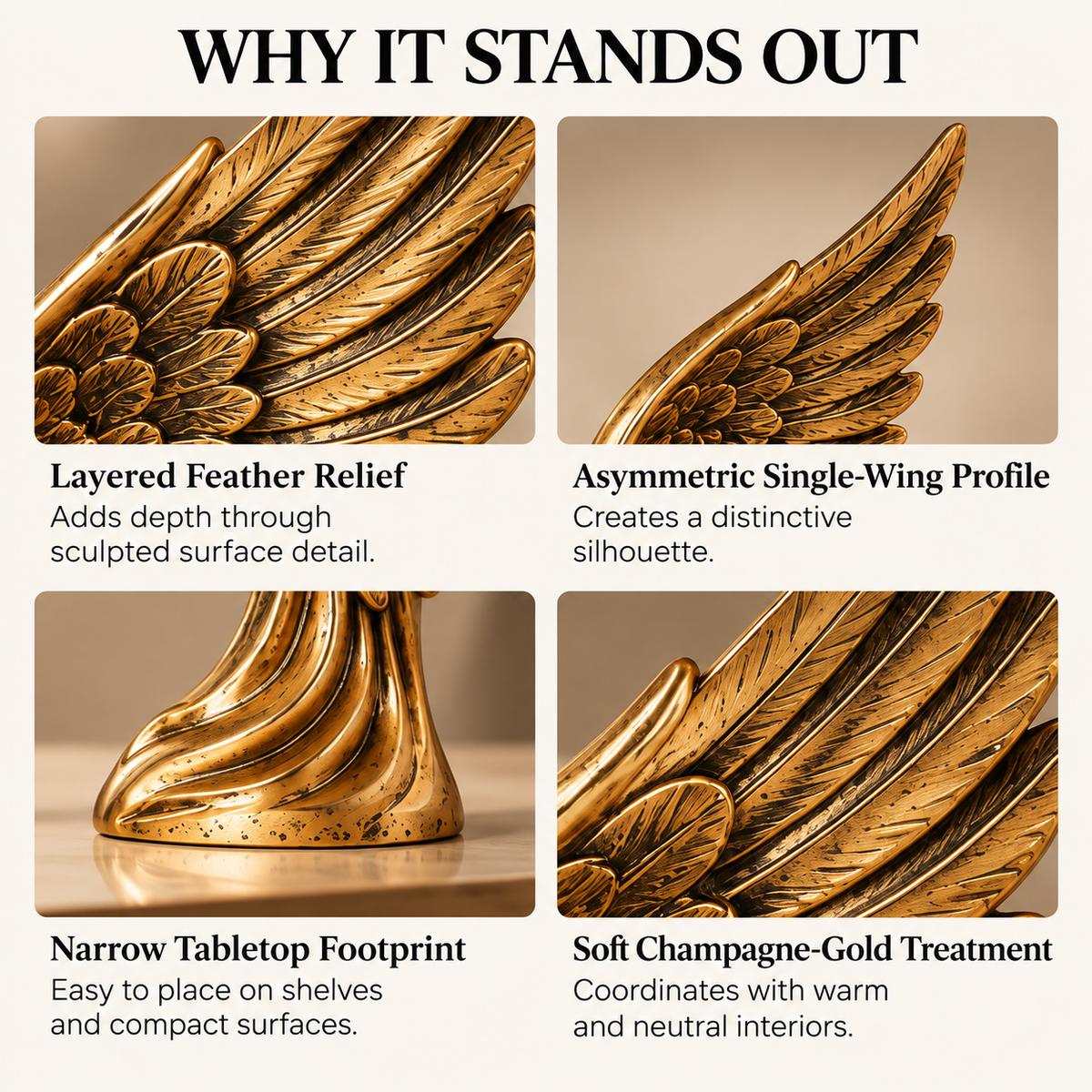 OVELIQE™ Golden Wings Sculpture - Gilded Feathers and Wings Desktop Decor, Modern Gold Storage Rack Accent