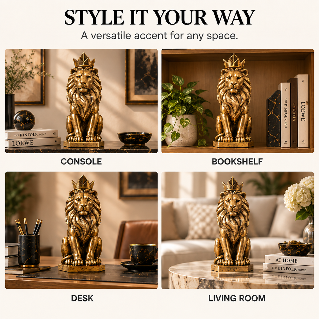 OVELIQE™ Crowned Sentinel Lion Sculpture — Modern Gilded Lion Figurine & Office Shelf Accent