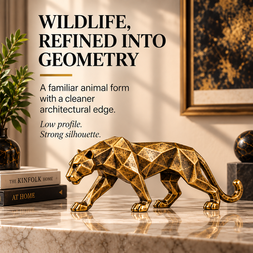 OVELIQE™ Atlas Gilded Panther Sculpture — Faceted Gold Panther Figurine, Modern Animal Table Décor