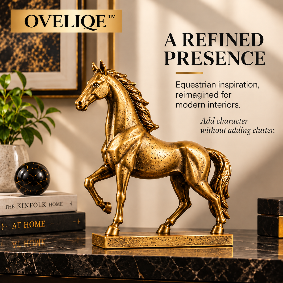 OVELIQE™ Golden Crest Stallion Sculpture — Modern Gold Horse Figurine, Equestrian Desk & Shelf Décor
