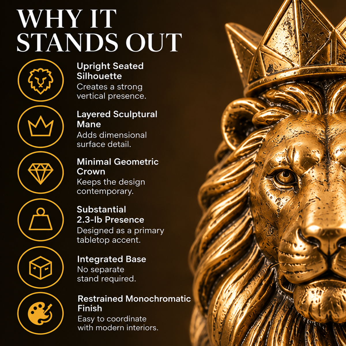 OVELIQE™ Crowned Sentinel Lion Sculpture — Modern Gilded Lion Figurine & Office Shelf Accent