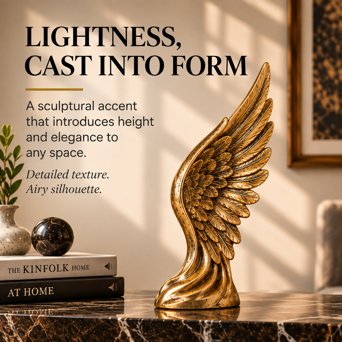 OVELIQE™ Golden Wings Sculpture - Gilded Feathers and Wings Desktop Decor, Modern Gold Storage Rack Accent