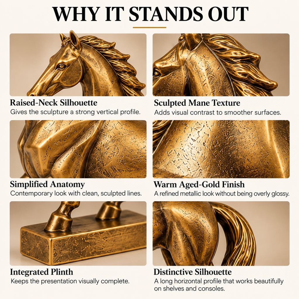 OVELIQE™ Golden Crest Stallion Sculpture — Modern Gold Horse Figurine, Equestrian Desk & Shelf Décor