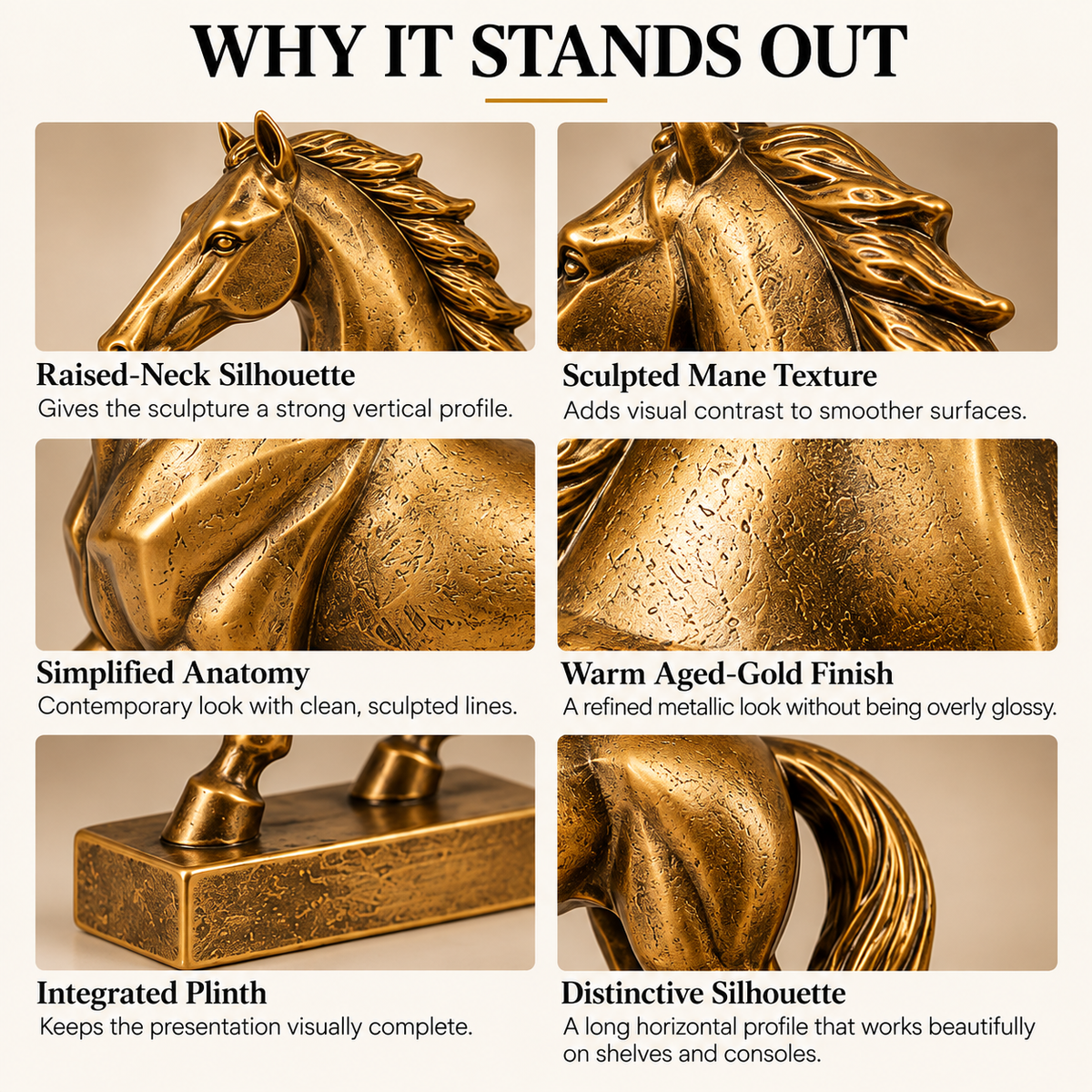 OVELIQE™ Golden Crest Stallion Sculpture — Modern Gold Horse Figurine, Equestrian Desk & Shelf Décor