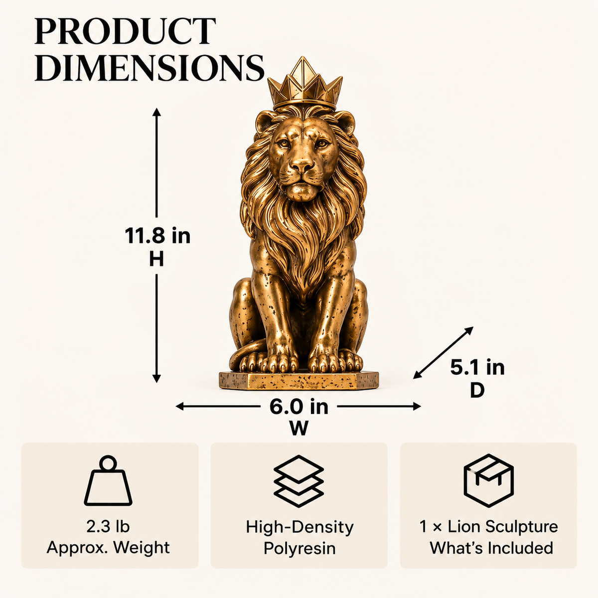 OVELIQE™ Crowned Sentinel Lion Sculpture — Modern Gilded Lion Figurine & Office Shelf Accent