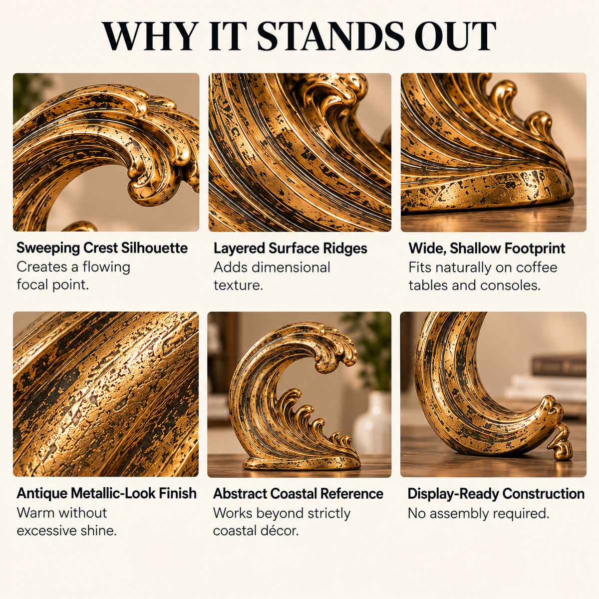 OVELIQE™ Golden Tidal Wave Sculpture - Abstract Gold-plated Ocean Wave Table Decoration