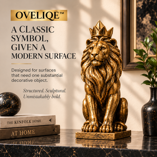 OVELIQE™ Crowned Sentinel Lion Sculpture — Modern Gilded Lion Figurine & Office Shelf Accent