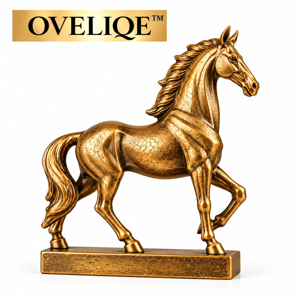 OVELIQE™ Golden Crest Stallion Sculpture — Modern Gold Horse Figurine, Equestrian Desk & Shelf Décor