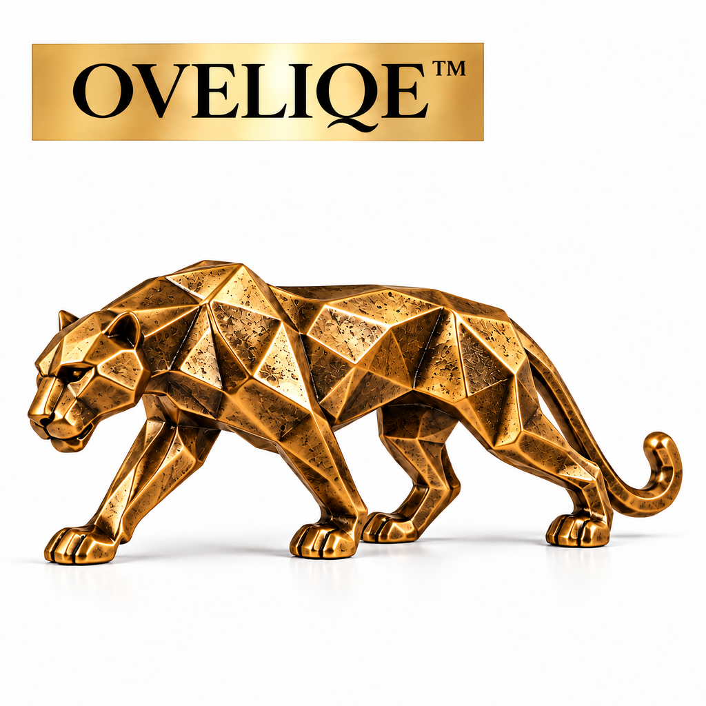 OVELIQE™ Atlas Gilded Panther Sculpture — Faceted Gold Panther Figurine, Modern Animal Table Décor