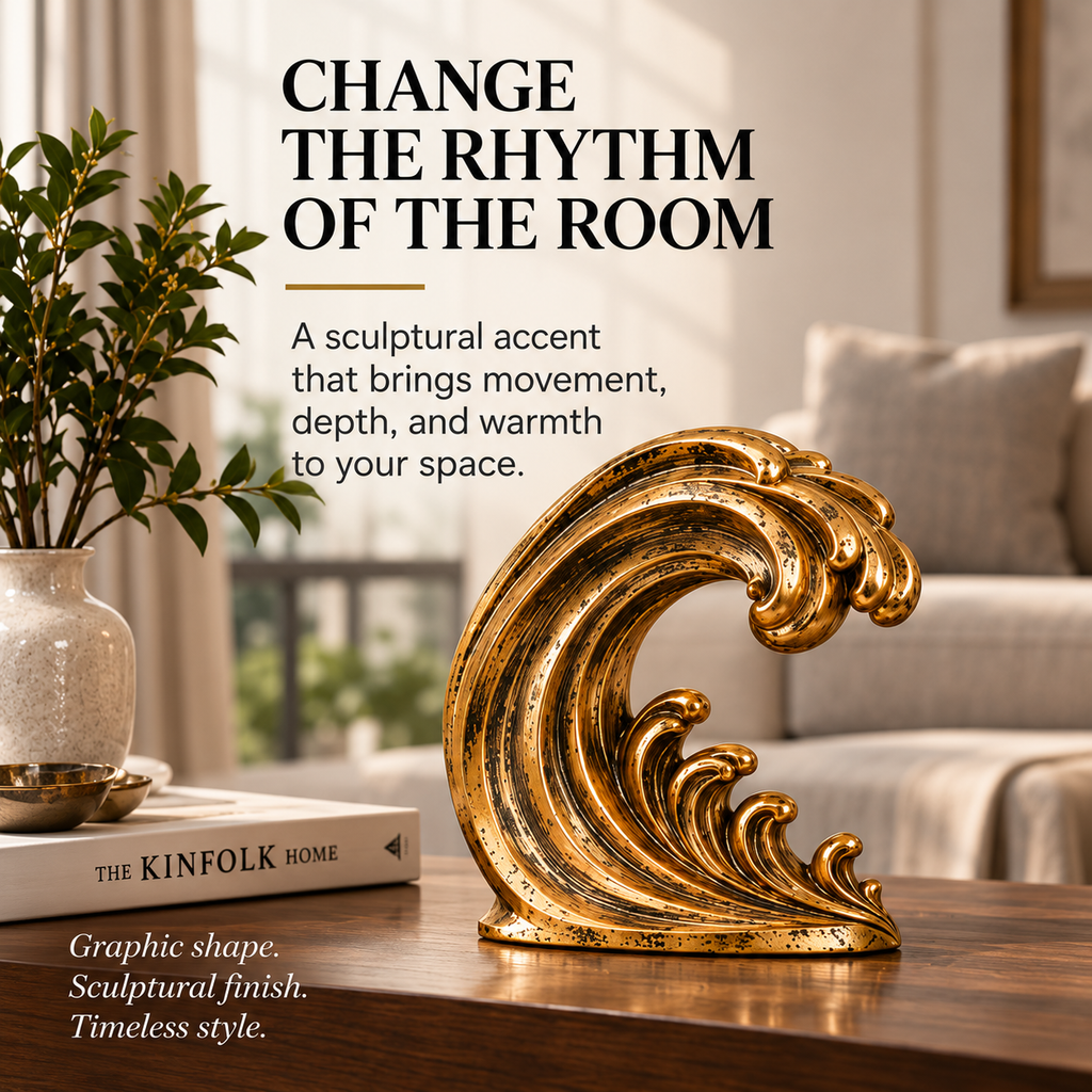 OVELIQE™ Golden Tidal Wave Sculpture - Abstract Gold-plated Ocean Wave Table Decoration