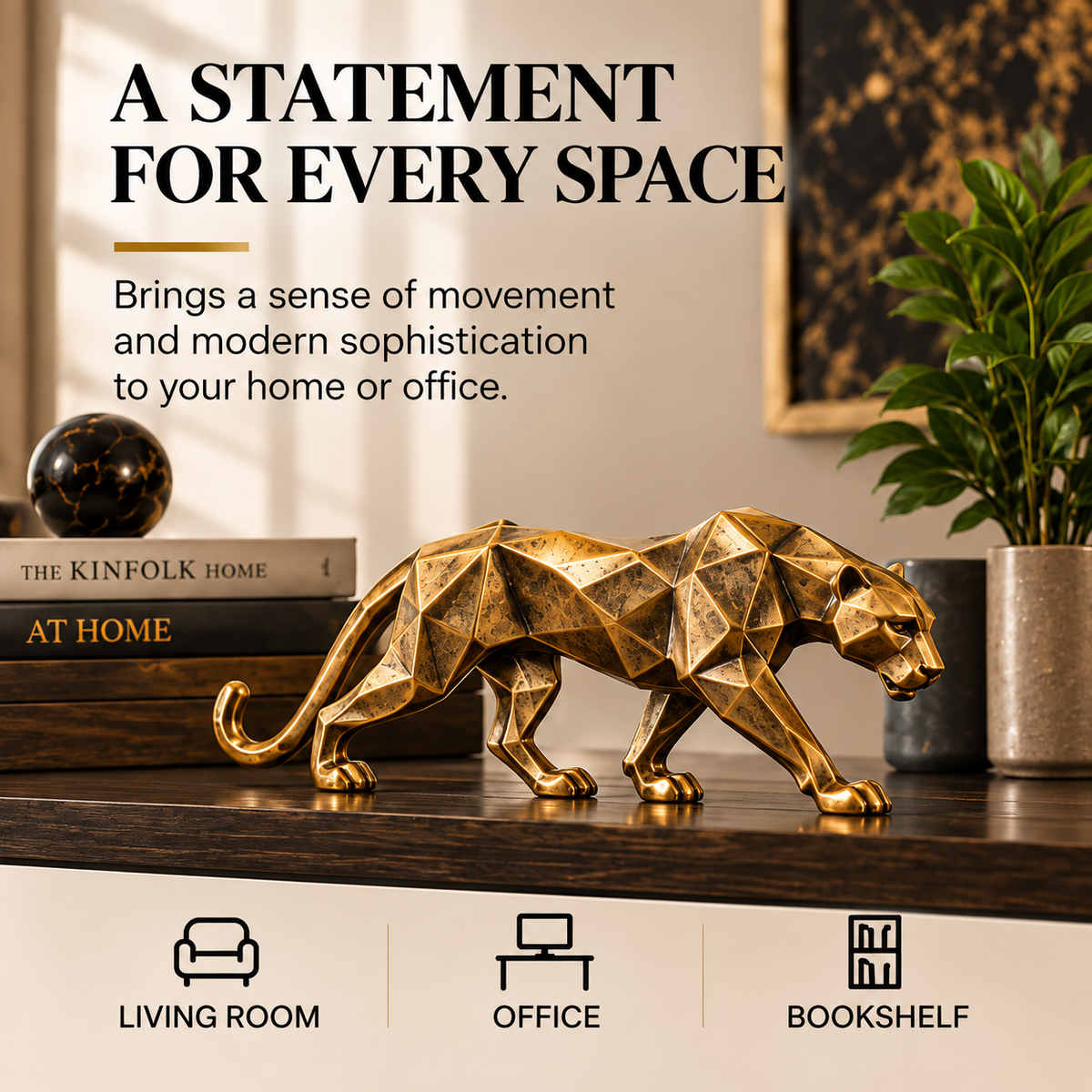 OVELIQE™ Atlas Gilded Panther Sculpture — Faceted Gold Panther Figurine, Modern Animal Table Décor