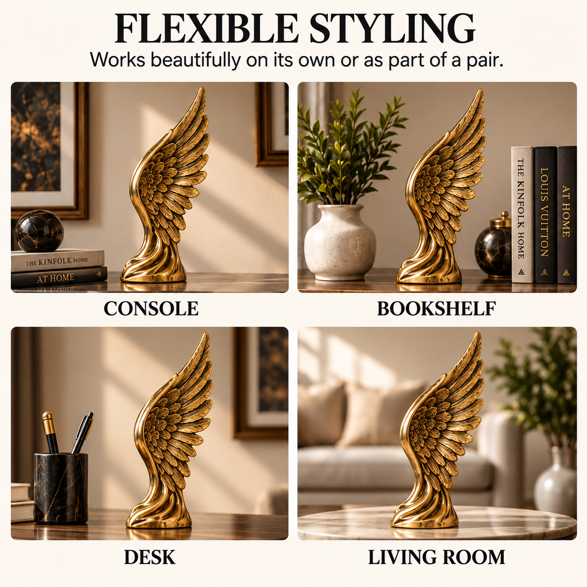 OVELIQE™ Golden Wings Sculpture - Gilded Feathers and Wings Desktop Decor, Modern Gold Storage Rack Accent