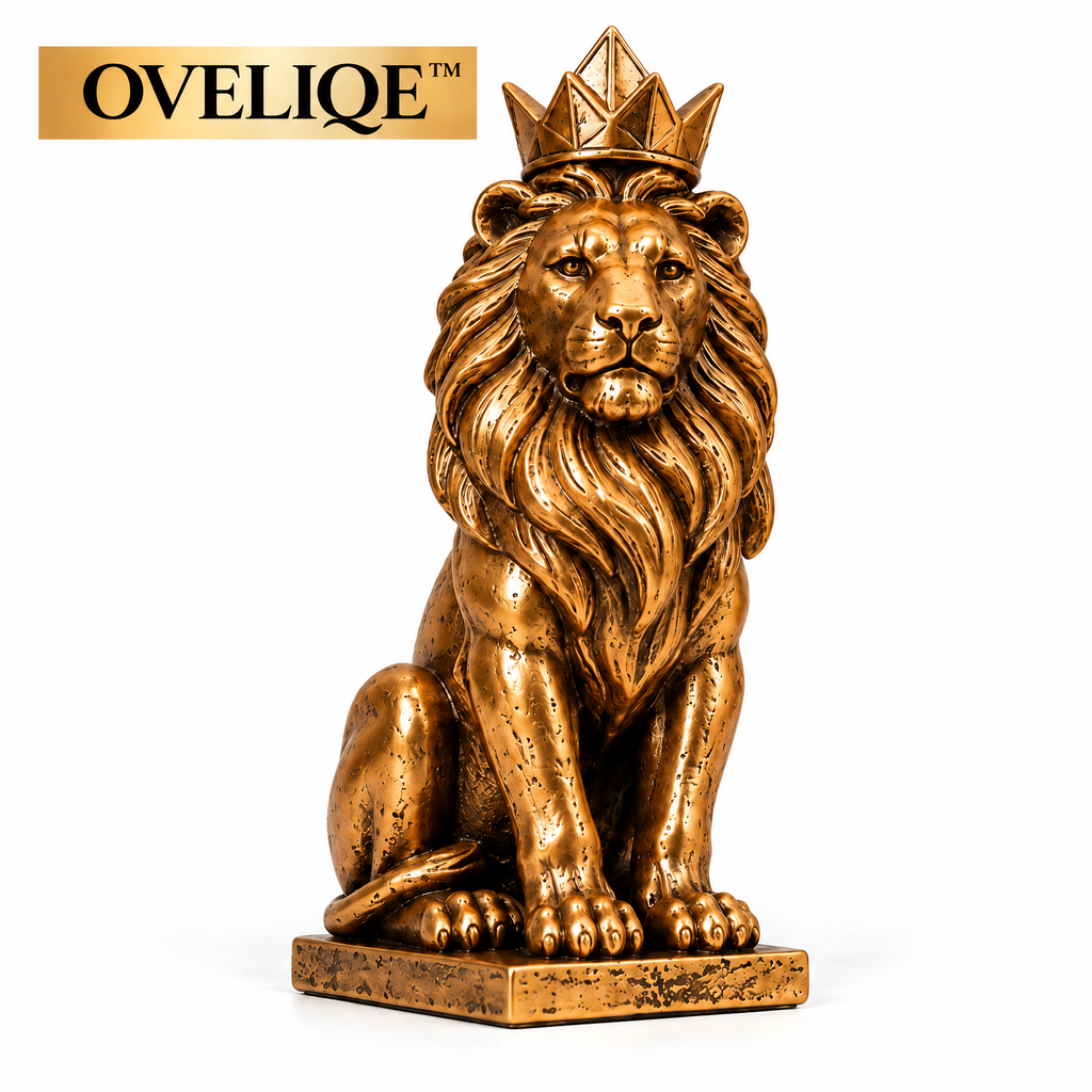 OVELIQE™ Crowned Sentinel Lion Sculpture — Modern Gilded Lion Figurine & Office Shelf Accent